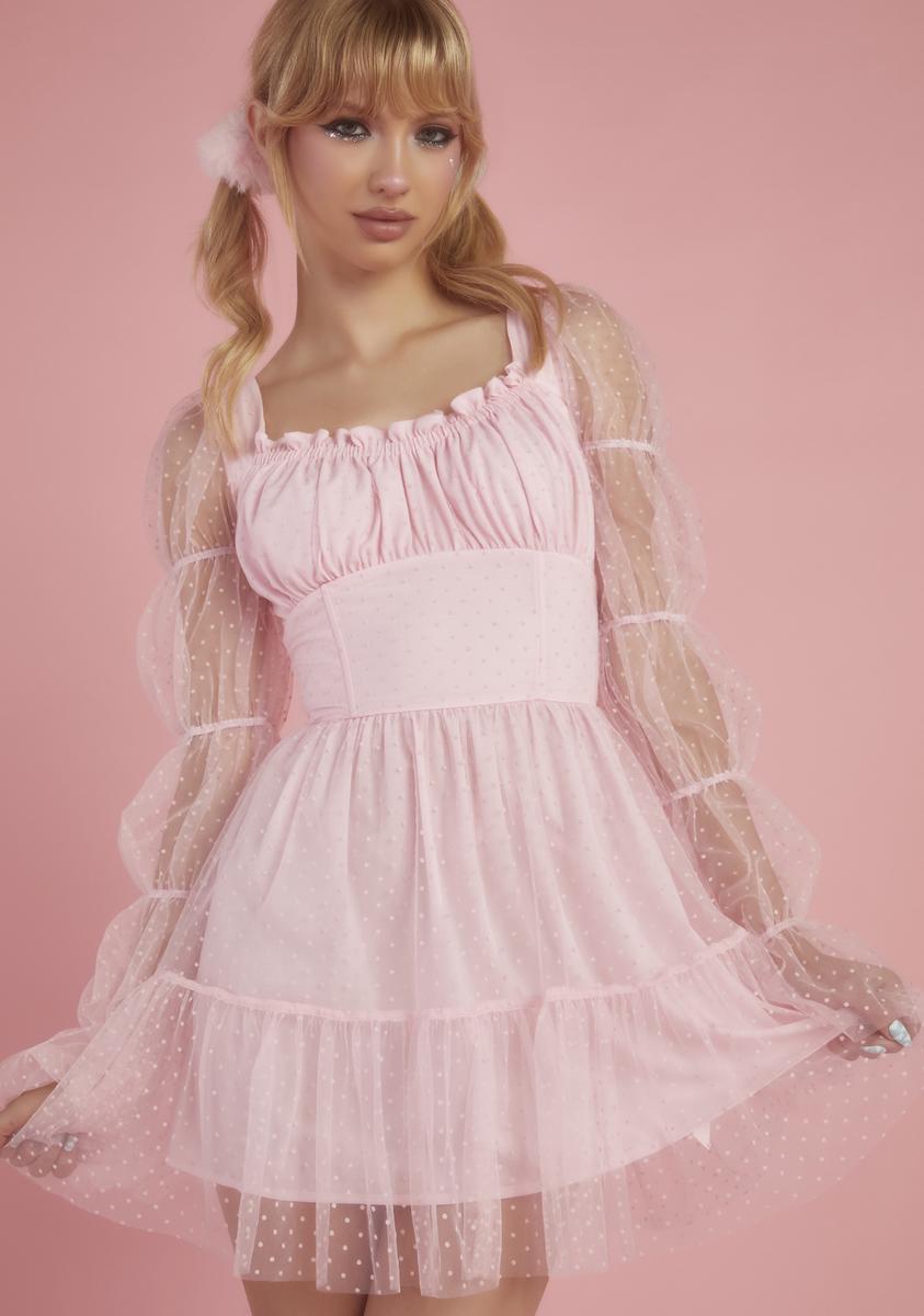 Sugar Thrillz Sheer Cinched Puff Sleeve Mini Dress - Pink