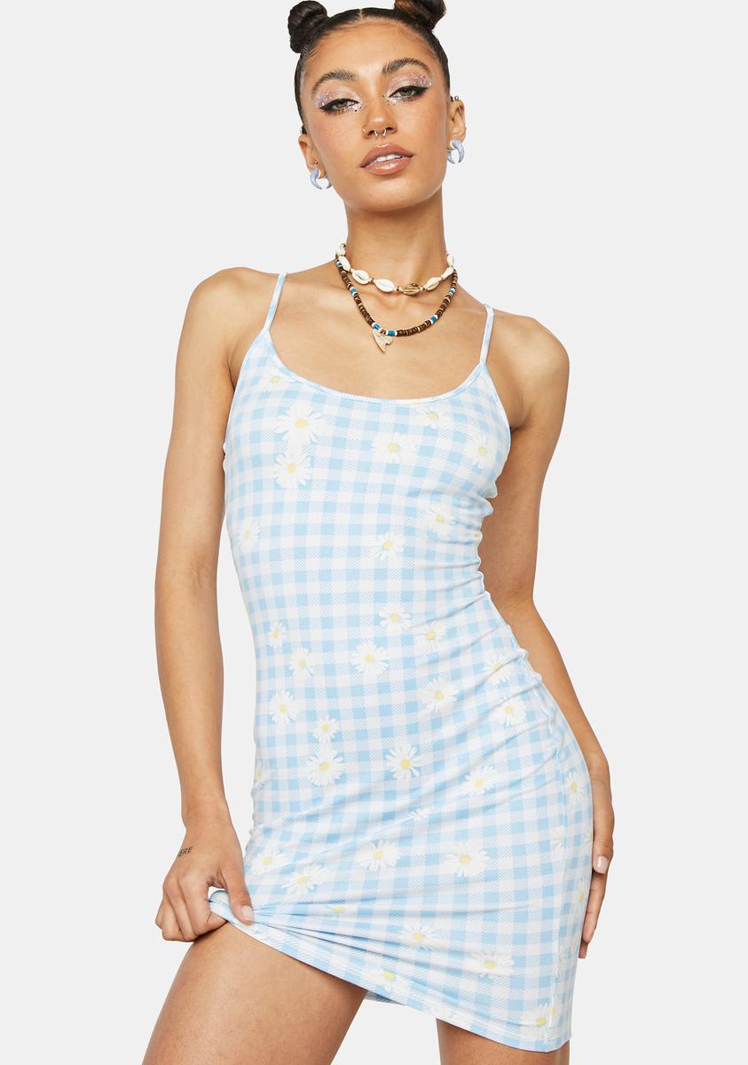 Checkered Daisy Print Mini Dress
