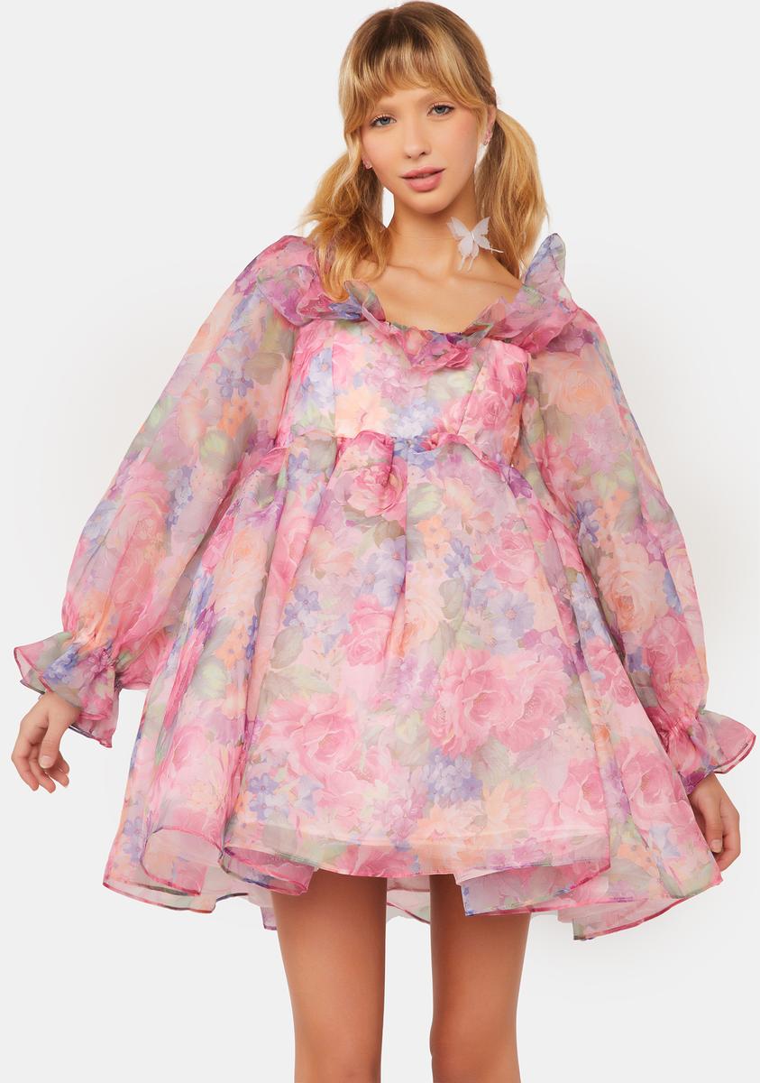 Fanciful Doll Floral Ruffle Puff Sleeve Babydoll Dress