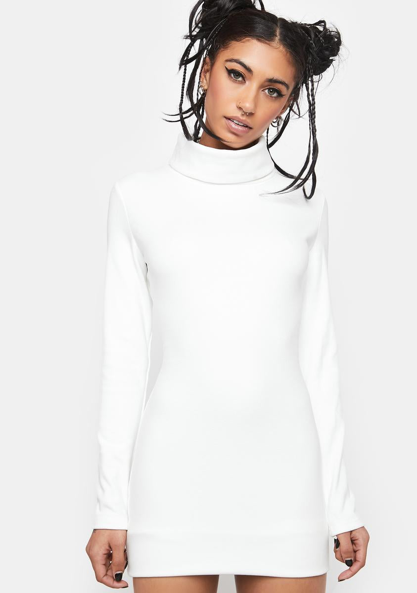 white long sleeve turtleneck bodycon dress Pearl Decorated Turtleneck Bodycon Knit Dress in White