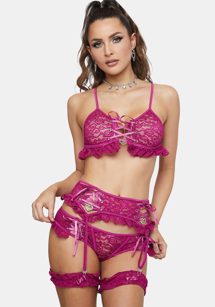Four Piece Lace Bra Panty Garter Lingerie Set - Pink Dolls Kill Four Piece Lace Bra Panty Garter Lingerie Set - Pink Dolls Kill