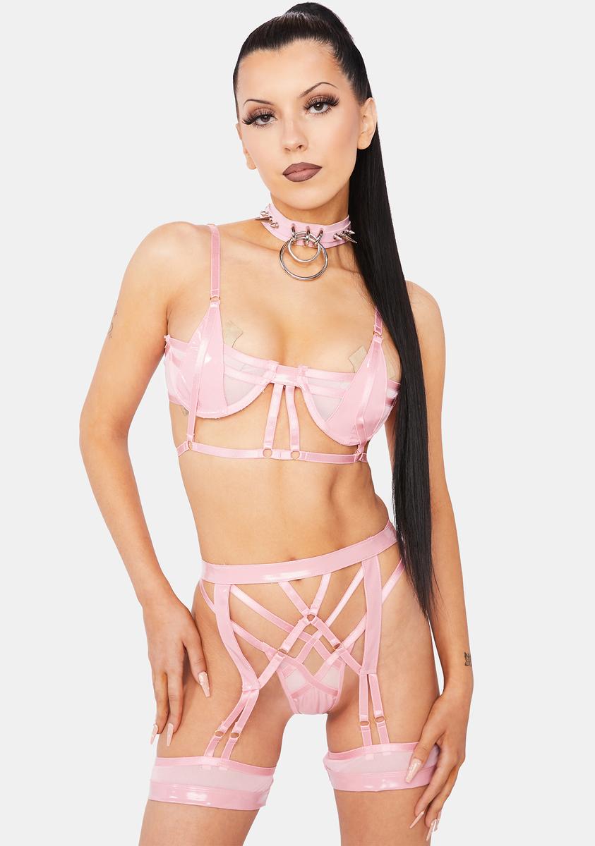Forplay Mesh Strappy Vinyl Lingerie Set - Pink Dolls Kill Forplay Mesh Strappy Vinyl Lingerie Set - Pink Dolls Kill