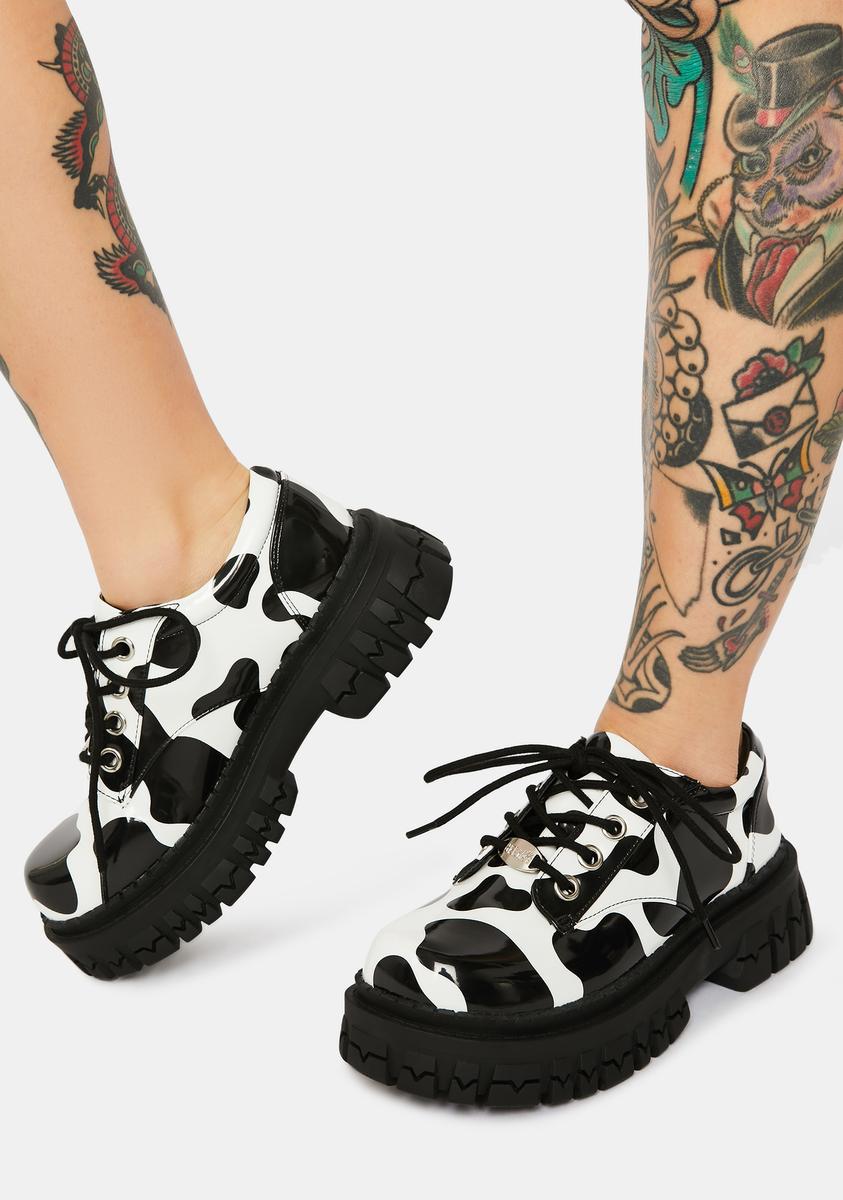 Delia's Patent Cow Print Platform Oxfords Black/White – Dolls Kill