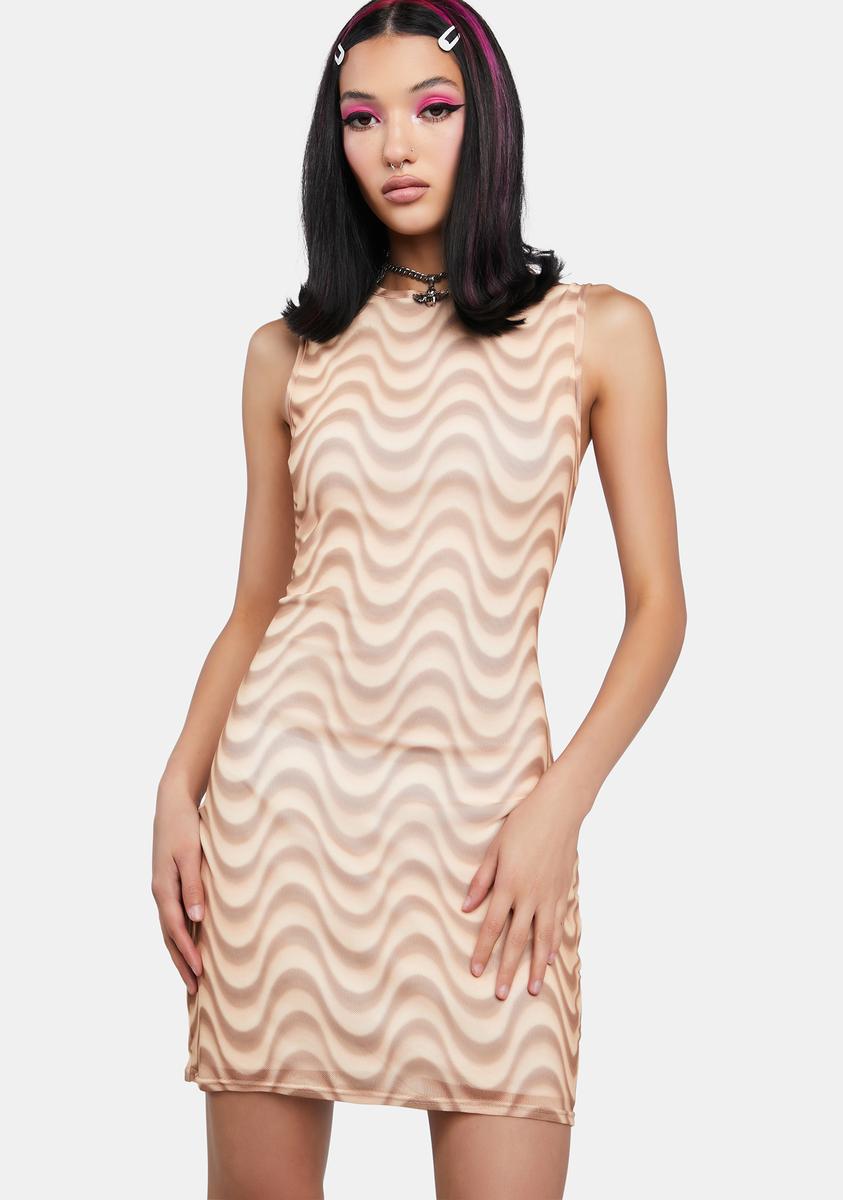 Daisy Street Wave Print Open Back Mesh Mini Dress