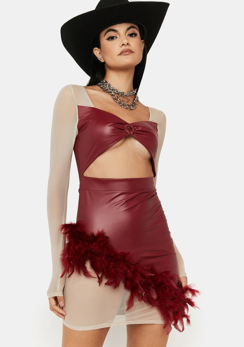 Vegan Leather Mesh Dress With Feather Trim
