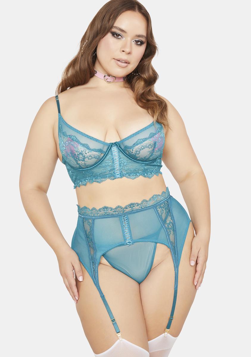 Plus Size Lace Mesh Bra Garter Belt G-String Thong 3-Piece Lingerie Set -  Teal/Green  Dolls Kill