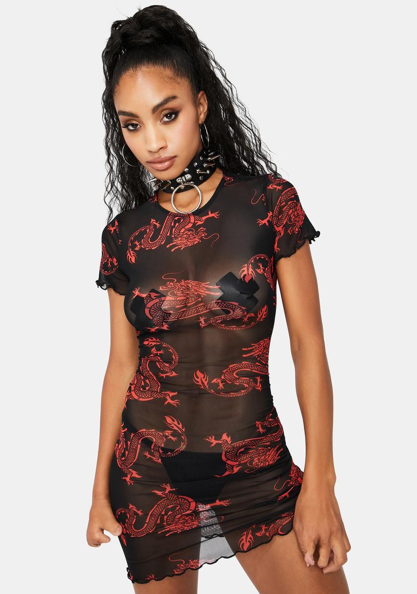 Mesh Dragon Print Bodycon Mini Dress - Black/Red Dolls Kill Mesh Dragon Print Bodycon Mini Dress - Black/Red Dolls Kill