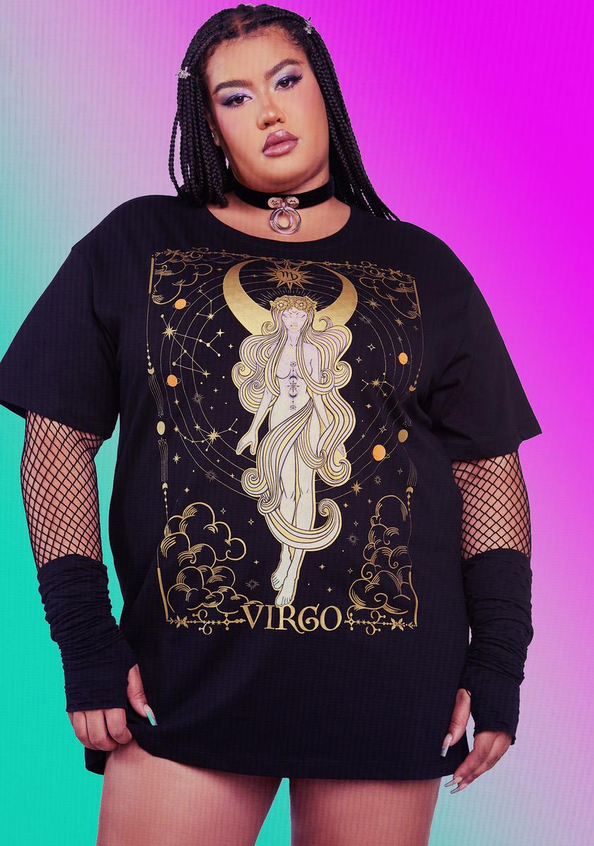 HOROSCOPEZ Plus SIze Virgo Tarot Card Graphic Oversize Tee Black