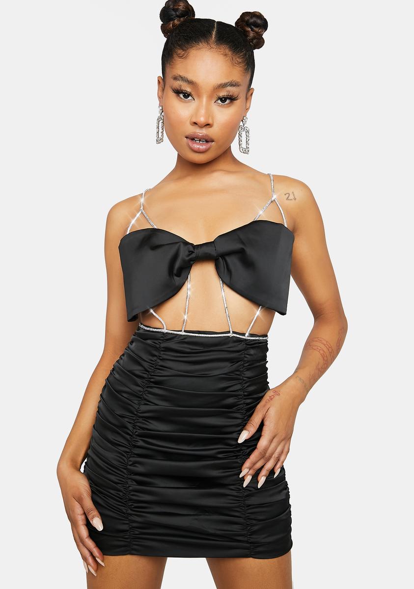 mini skirt dresses For Love & Lemons Bow Shaped Bustier Mini Dress With Crystal Straps And Ruched Mini Skirt