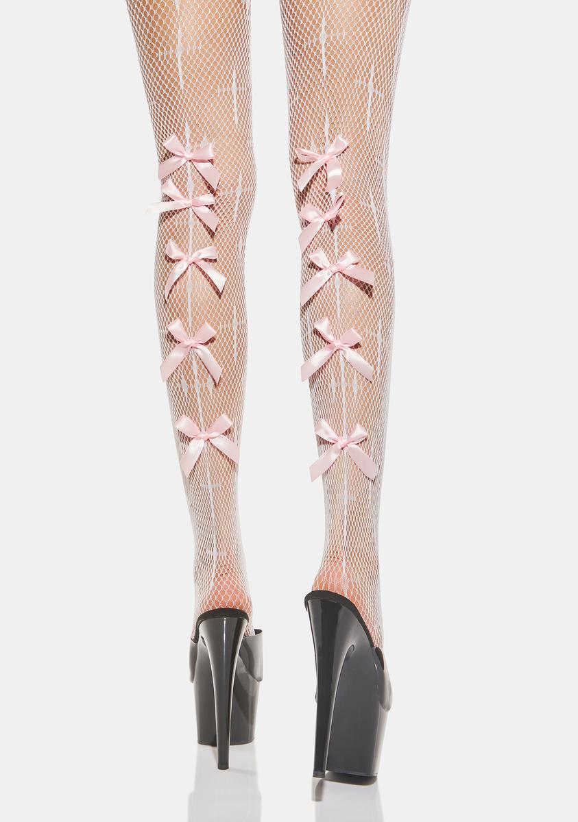 Cross Pattern Bow Fishnet Tights - White/Pink