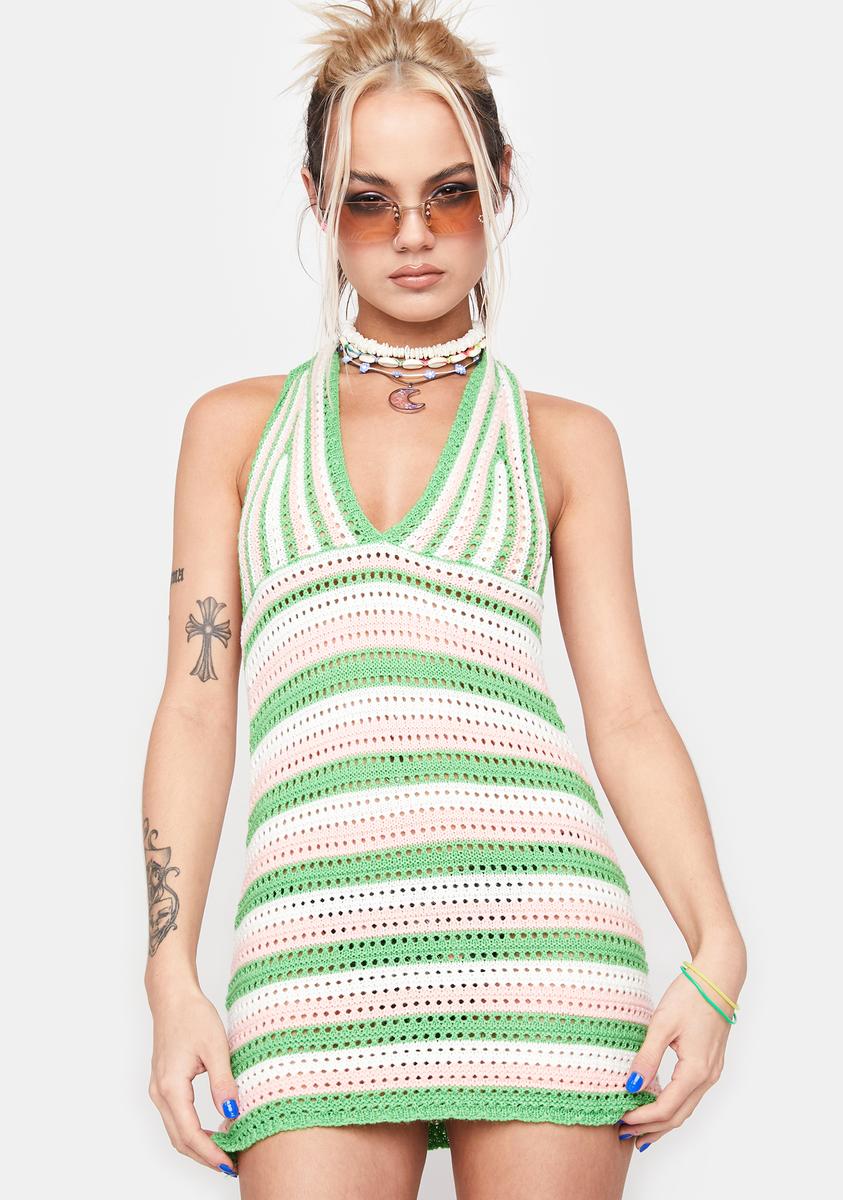 Halter Neck Open Back Striped Crochet Mini Dress