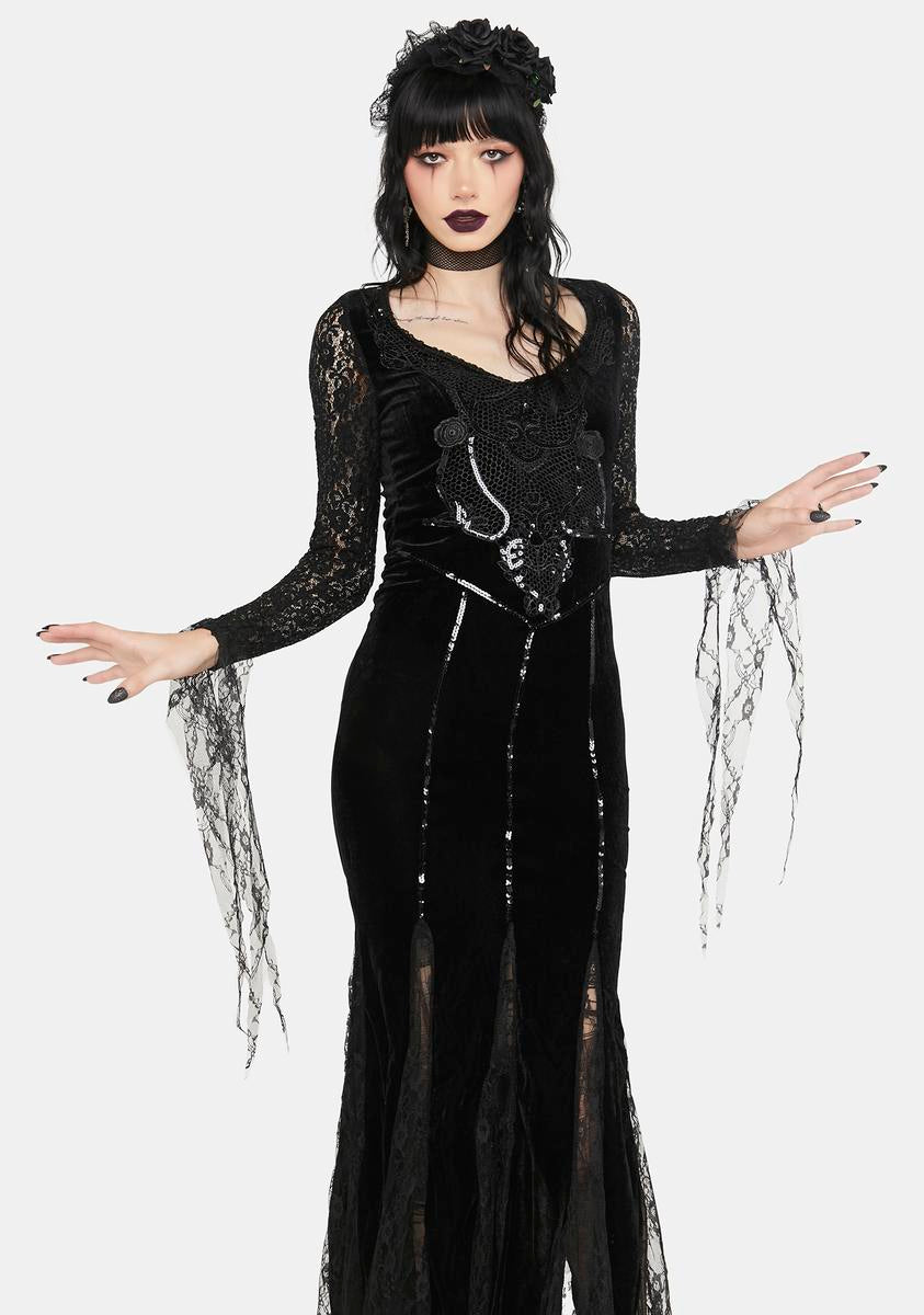 Frightfully Beautiful Sequin Velvet Gown Costume - Black Dolls Kill Frightfully Beautiful Sequin Velvet Gown Costume - Black Dolls Kill