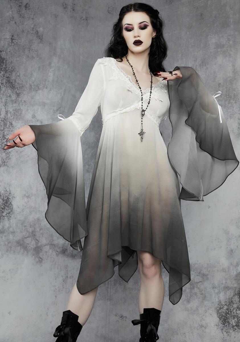 Widow Ombre Chiffon Midi Dress - White/Black Dolls Kill Widow Ombre Chiffon Midi Dress - White/Black Dolls Kill
