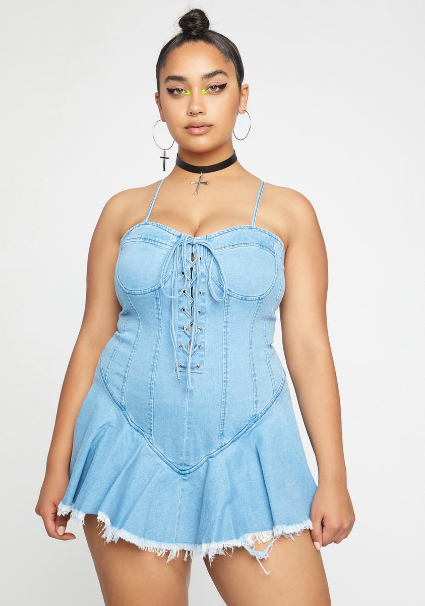 Plus Size Denim Bustier Flare Skirt Mini Dress - Blue Dolls Kill Plus Size Denim Bustier Flare Skirt Mini Dress - Blue Dolls Kill