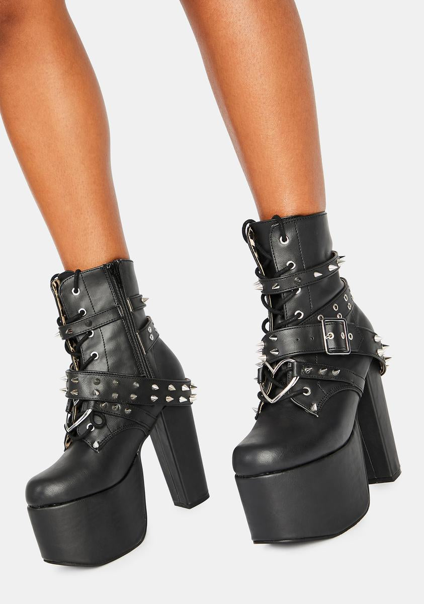 Demonia Torment-700 Heart Buckle Spike Platform Boots Black
