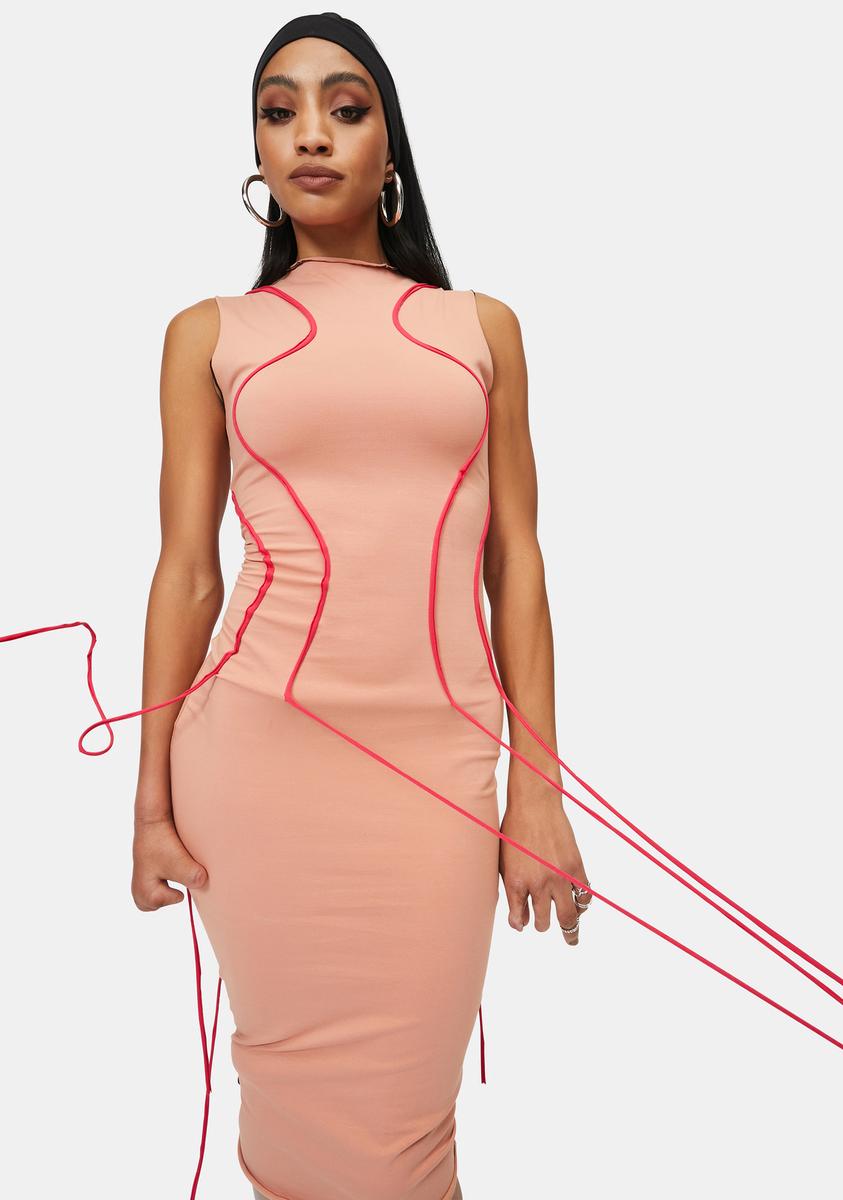 Exposed Stitch Fringe Trim Bodycon Midi Dress