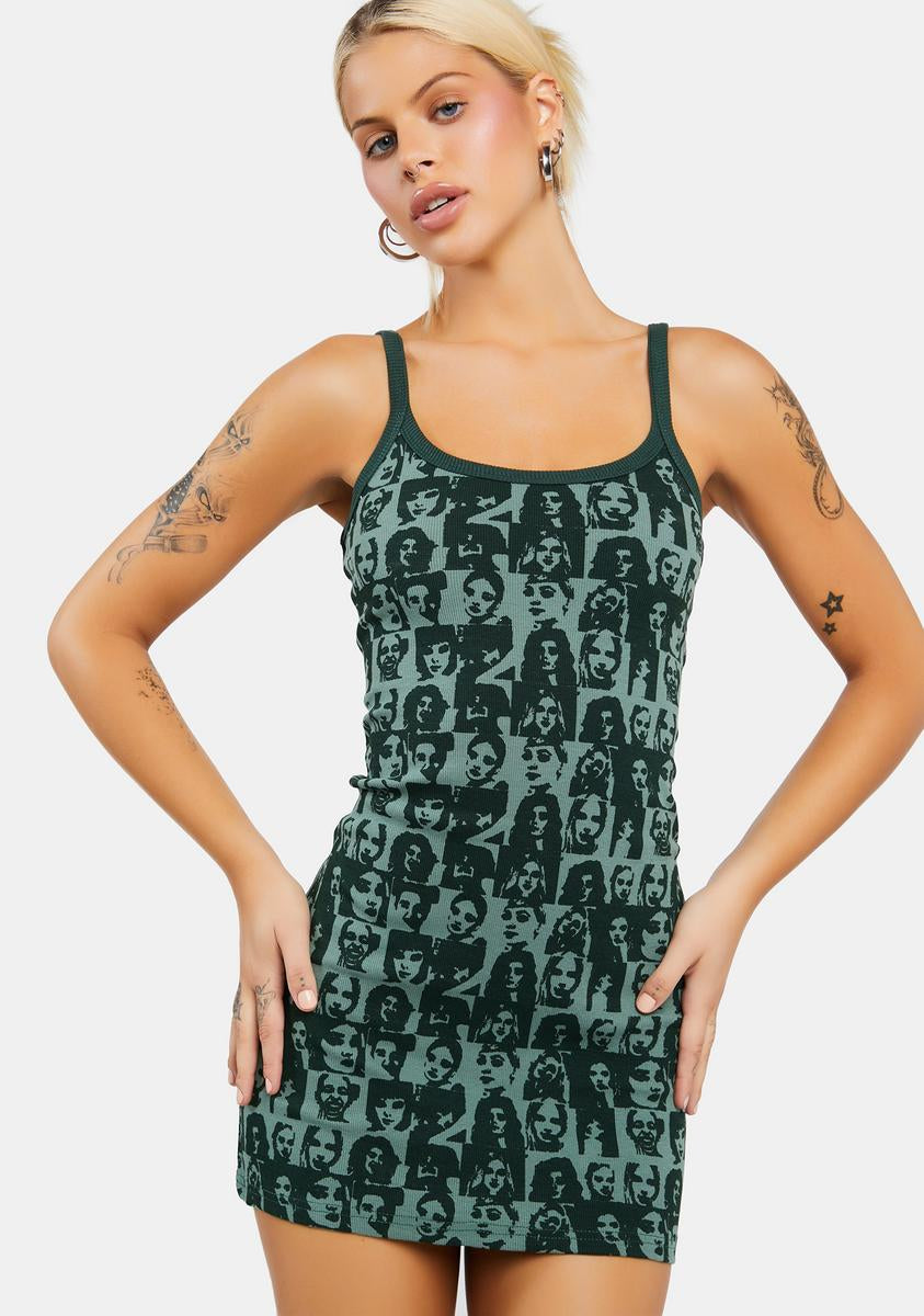 Edikted Mono Face Print Mini Dress - Olive Dolls Kill Edikted Mono Face Print Mini Dress - Olive Dolls Kill