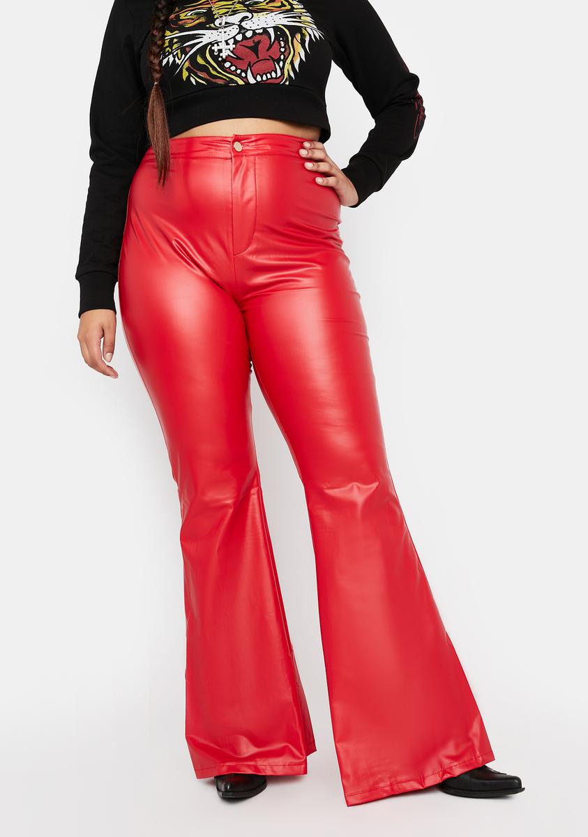 Plus Size Vegan Leather High Waist Bell Bottoms - Red