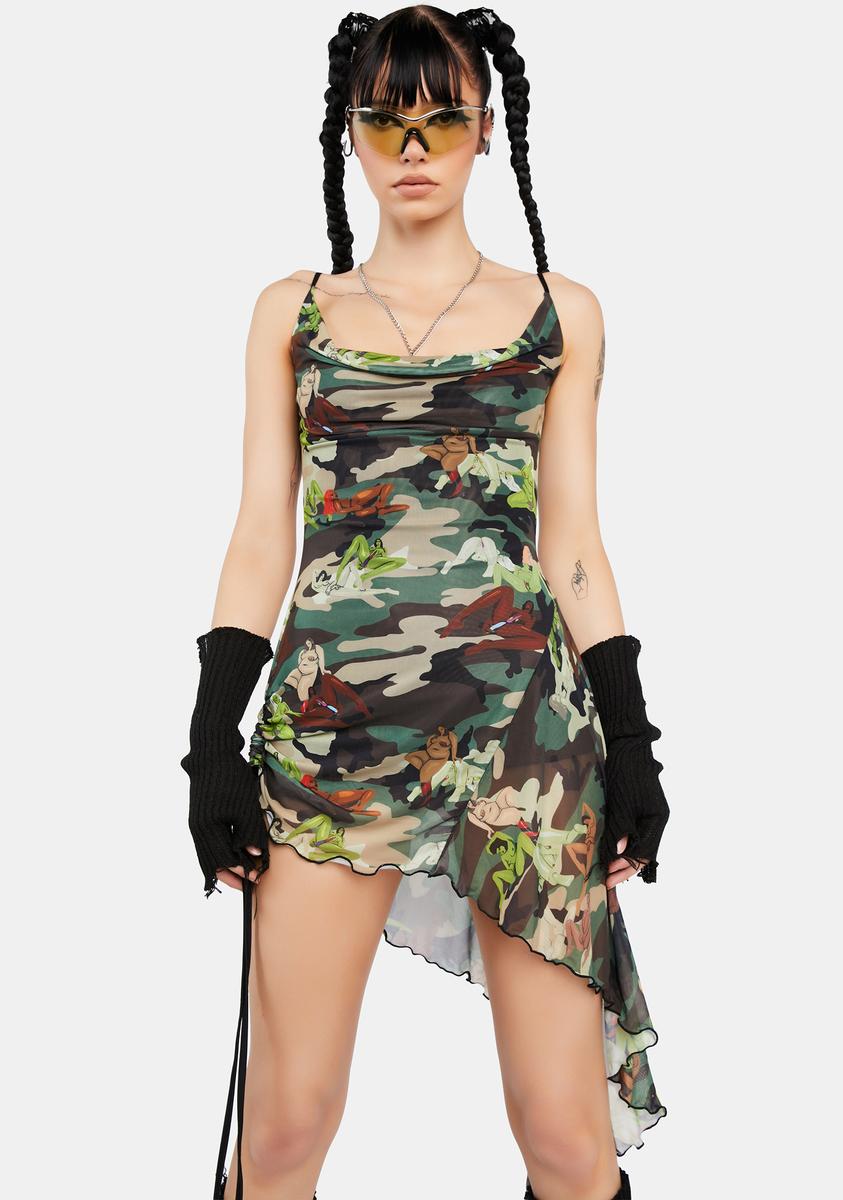 knee length dresses for ladies Namilia Self Love Camo Print Asymmetrical Mesh Dress
