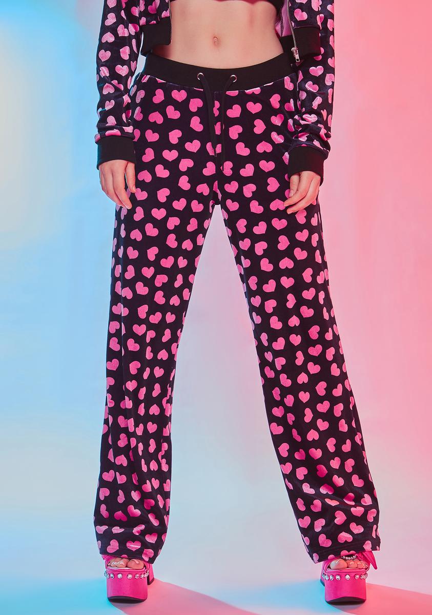 Sugar Thrillz Heart Print Velour Track Pants - Black/Pink – Dolls Kill