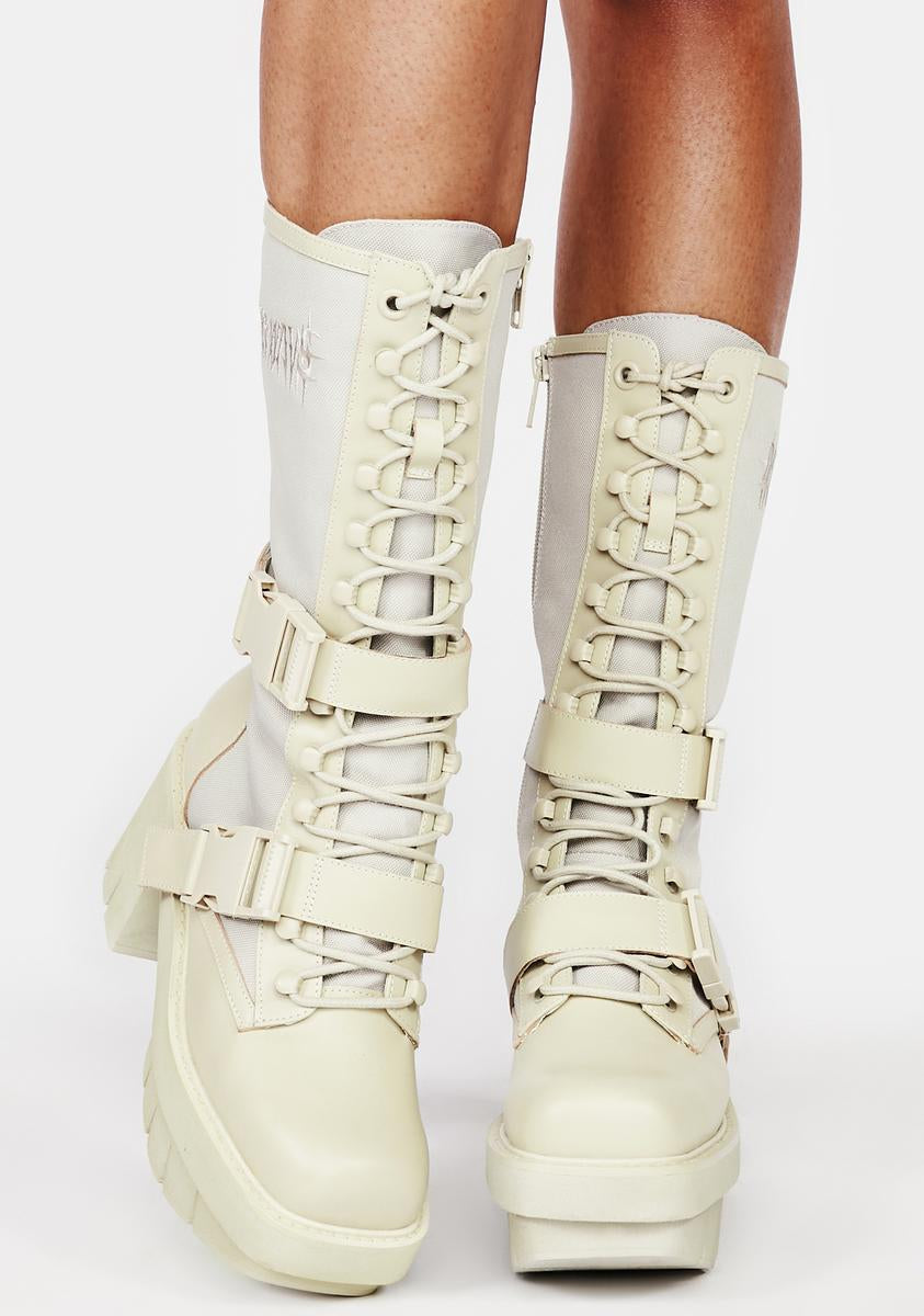 Darker Wavs Buckle Strap Leather Combat Boots - Off White – Dolls Kill