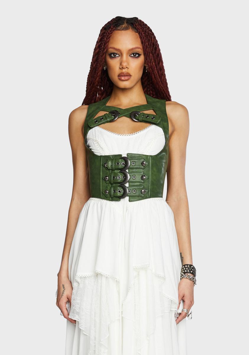 Widow Vegan Leather Half Moon Buckle Underbust Corset - Green  Dolls Kill