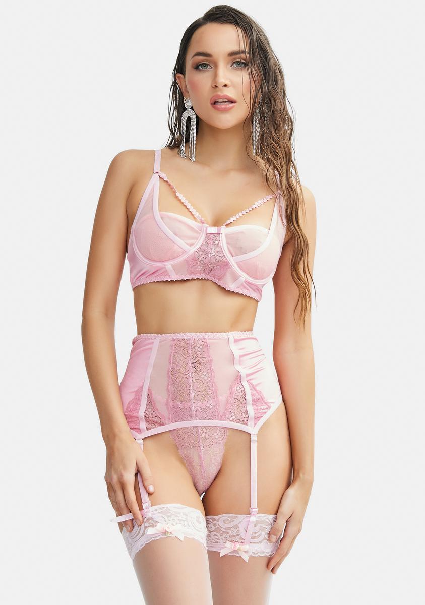 Daisy Garter Lace 3pc Lingerie Set - Pink  Dolls Kill