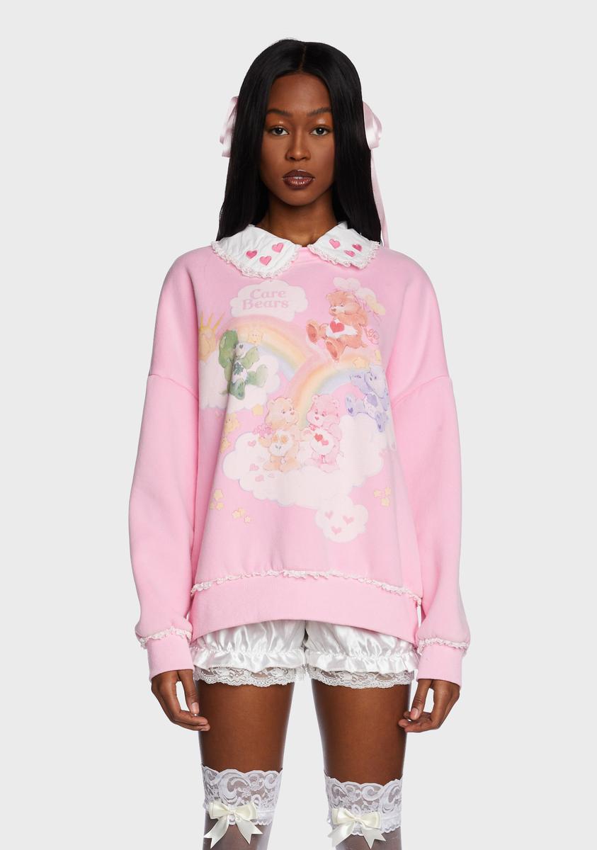 Dolls Kill x Care Bears Graphic Heart Collar Oversized Sweatshirt - Pink