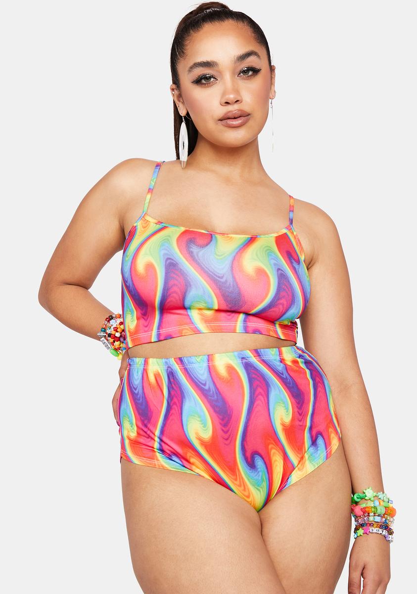 Plus Size Trippy Rainbow Flame Print Hot Shorts Set Multi