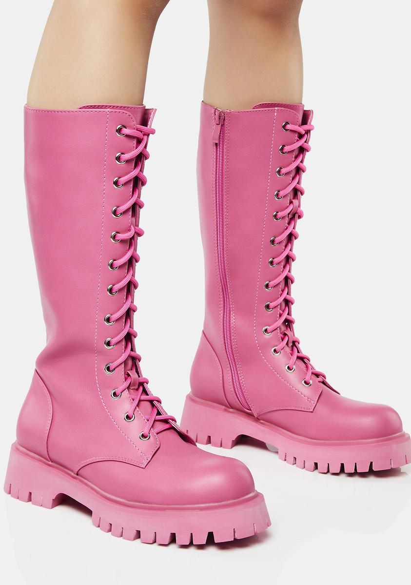 Koi Footwear Knee High Lace Up Combat Boots - Pink