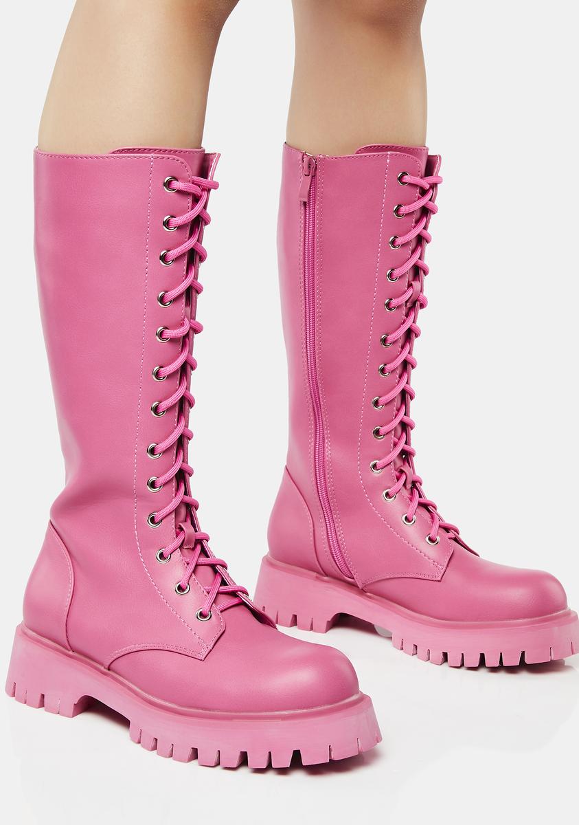 Leather Boots Pink Lace Up Knee High Boots Koi Footwear Knee High
