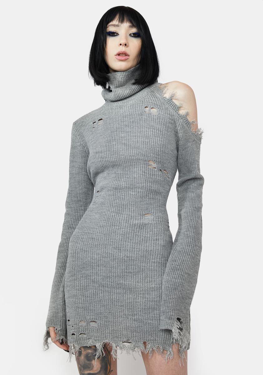 Distressed Asymmetrical Cold Shoulder Bodycon Turtleneck Mini Dress Grey Dolls Kill Distressed Asymmetrical Cold Shoulder Bodycon Turtleneck Mini Dress Grey Dolls Kill