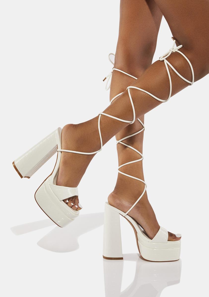 SIMMI Patent Faux Leather Lace-Up Platform Heels White – Dolls Kill