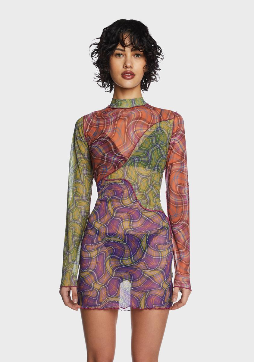 ragged priest mesh dress The Ragged Priest Wavy Plaid Mesh Mini Dress
