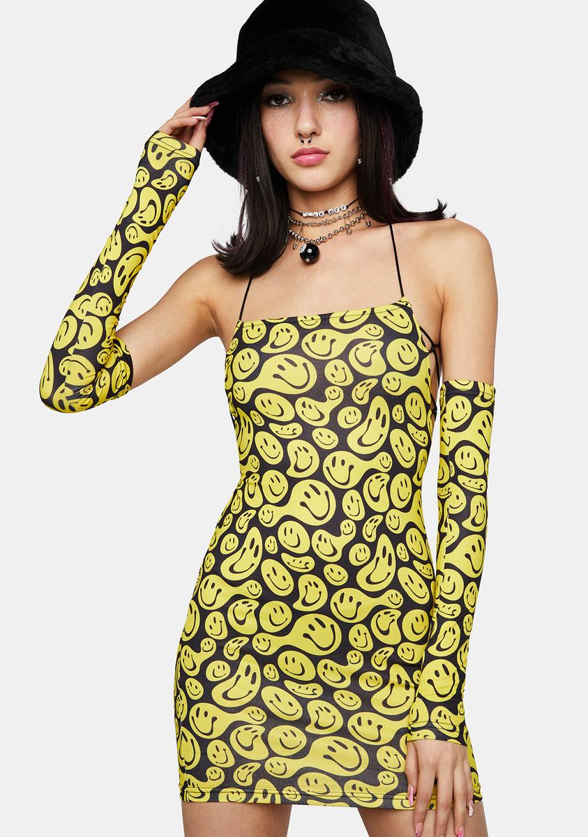 Happy Face Print Mini Dress With Sleeves - Black/Yellow  Dolls Kill