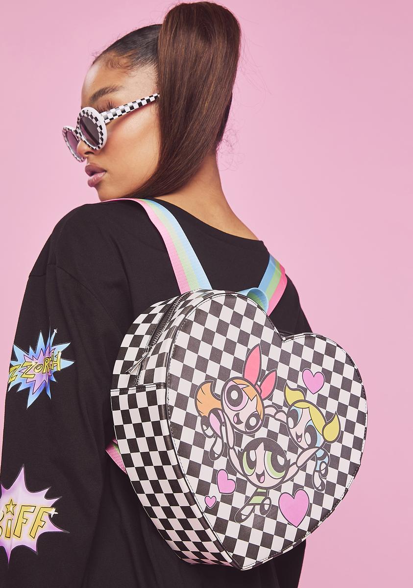 big girls leather backpacks The Powerpuff Girls Checkered Graphic Heart Shaped Vegan Leather Backpack – Dolls Kill