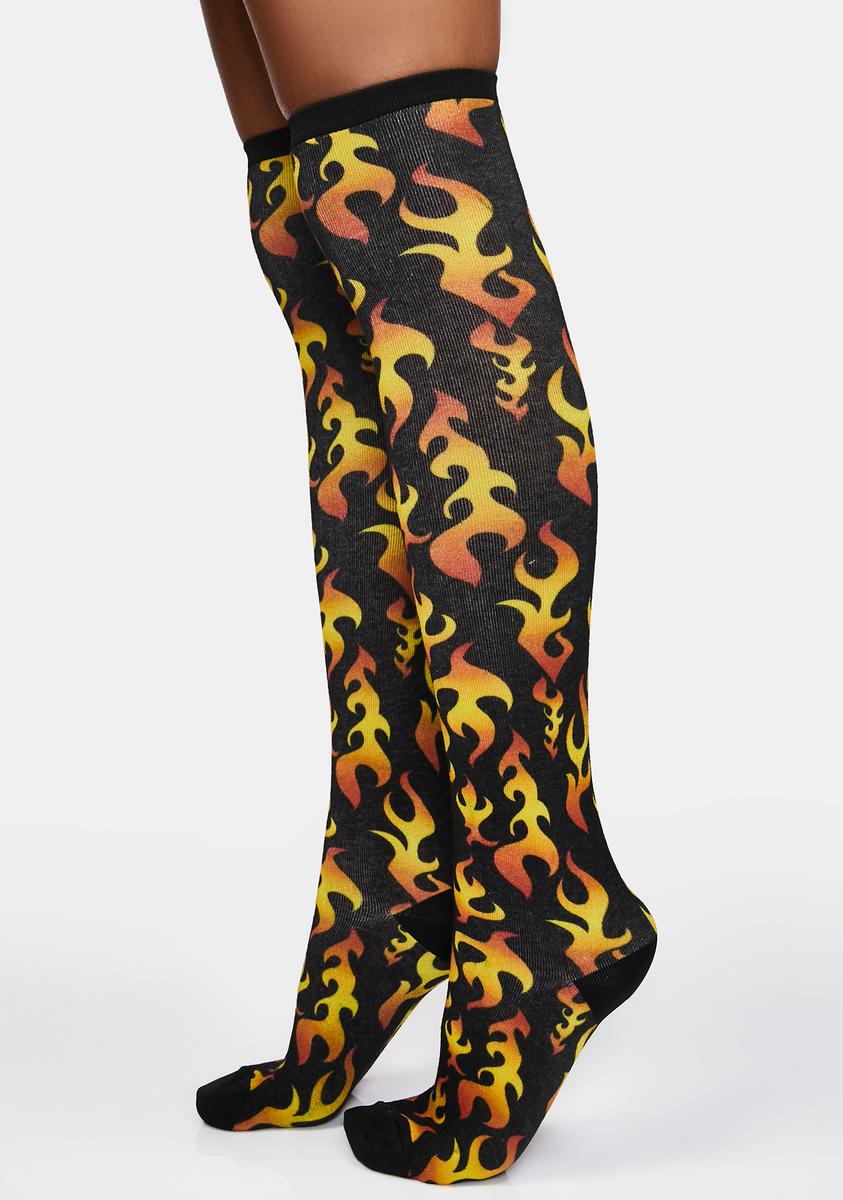 Thigh High Flame Print Socks Black/Orange – Dolls Kill