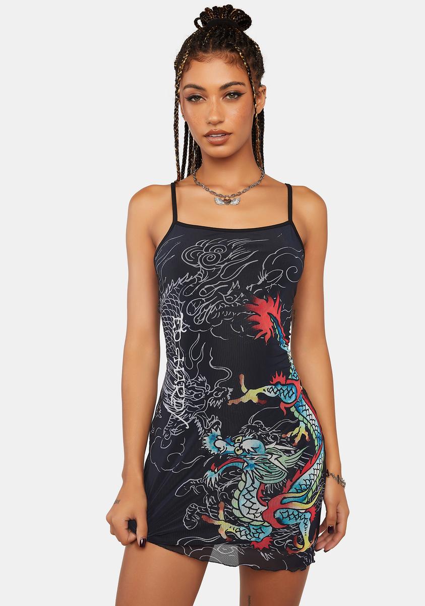 Ed Hardy x Dolls Kill Dragon Print Mesh Mini Dress - Black Ed Hardy x Dolls Kill Dragon Print Mesh Mini Dress - Black