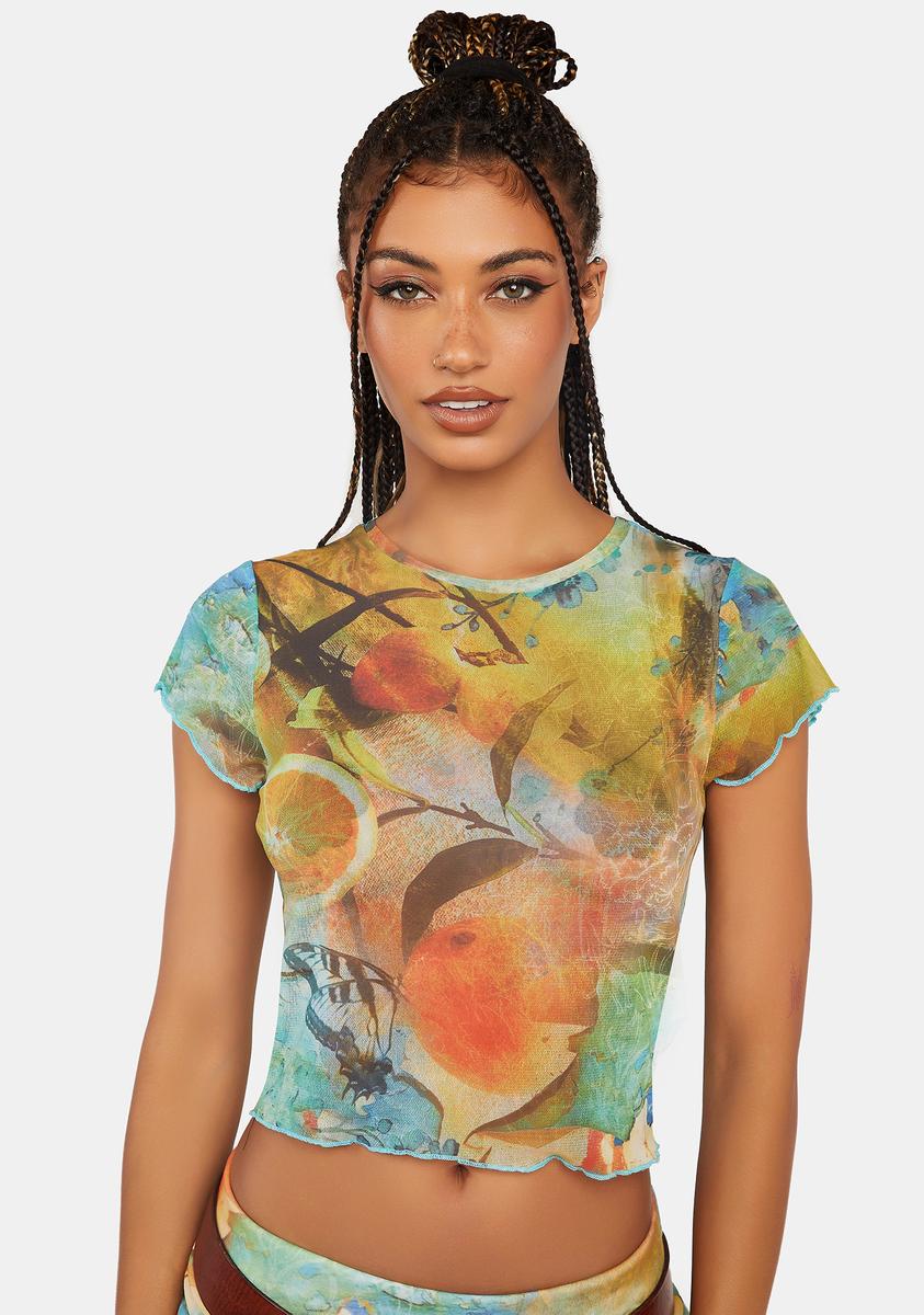 Jaded London Temple Orange Print Mesh Tee - Multi – Dolls Kill
