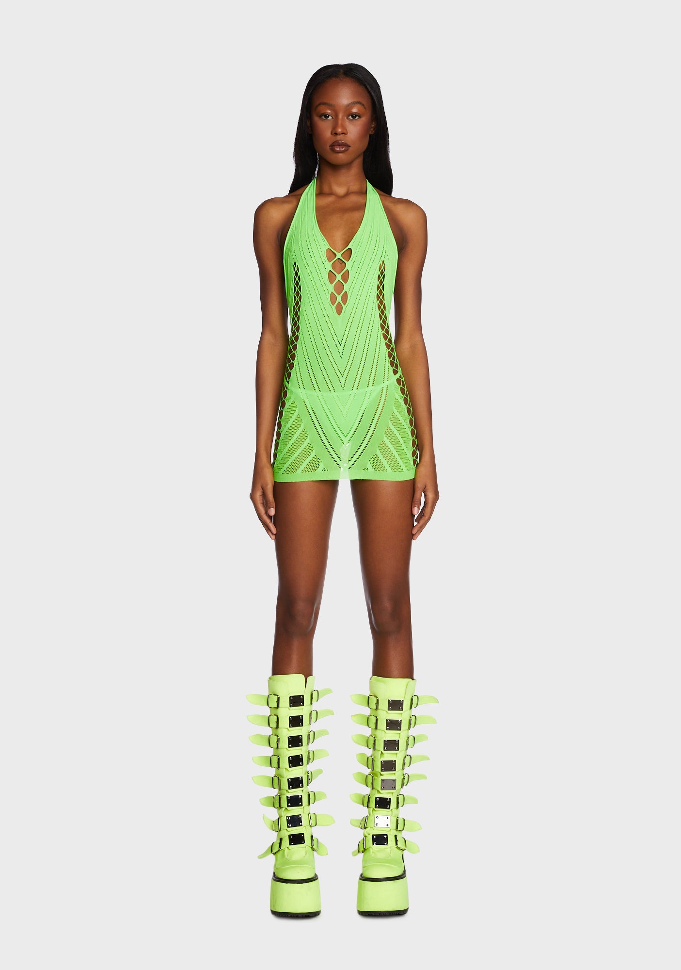 slim fit dress slacks Sheer Fishnet Bodycon Halter Mini Dress