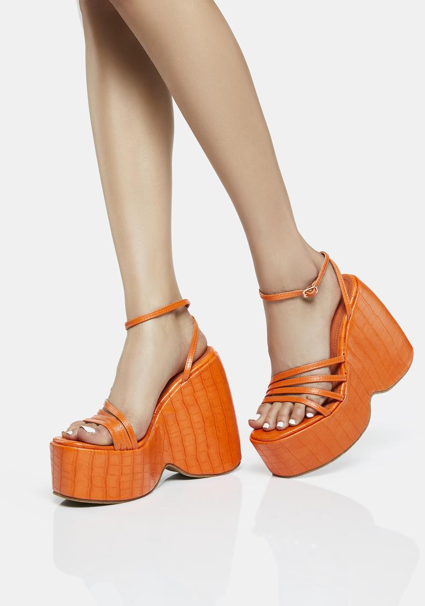Vegan Leather Croc Texture Platform Wedge Sandals - Orange