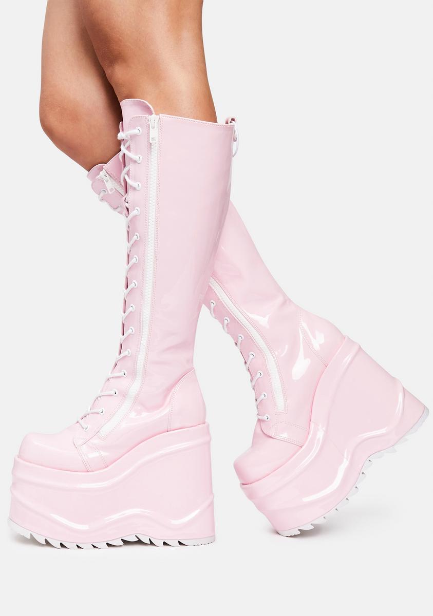 Demonia x Dolls Kill Wedge Knee High Platform Boots - Pink Patent