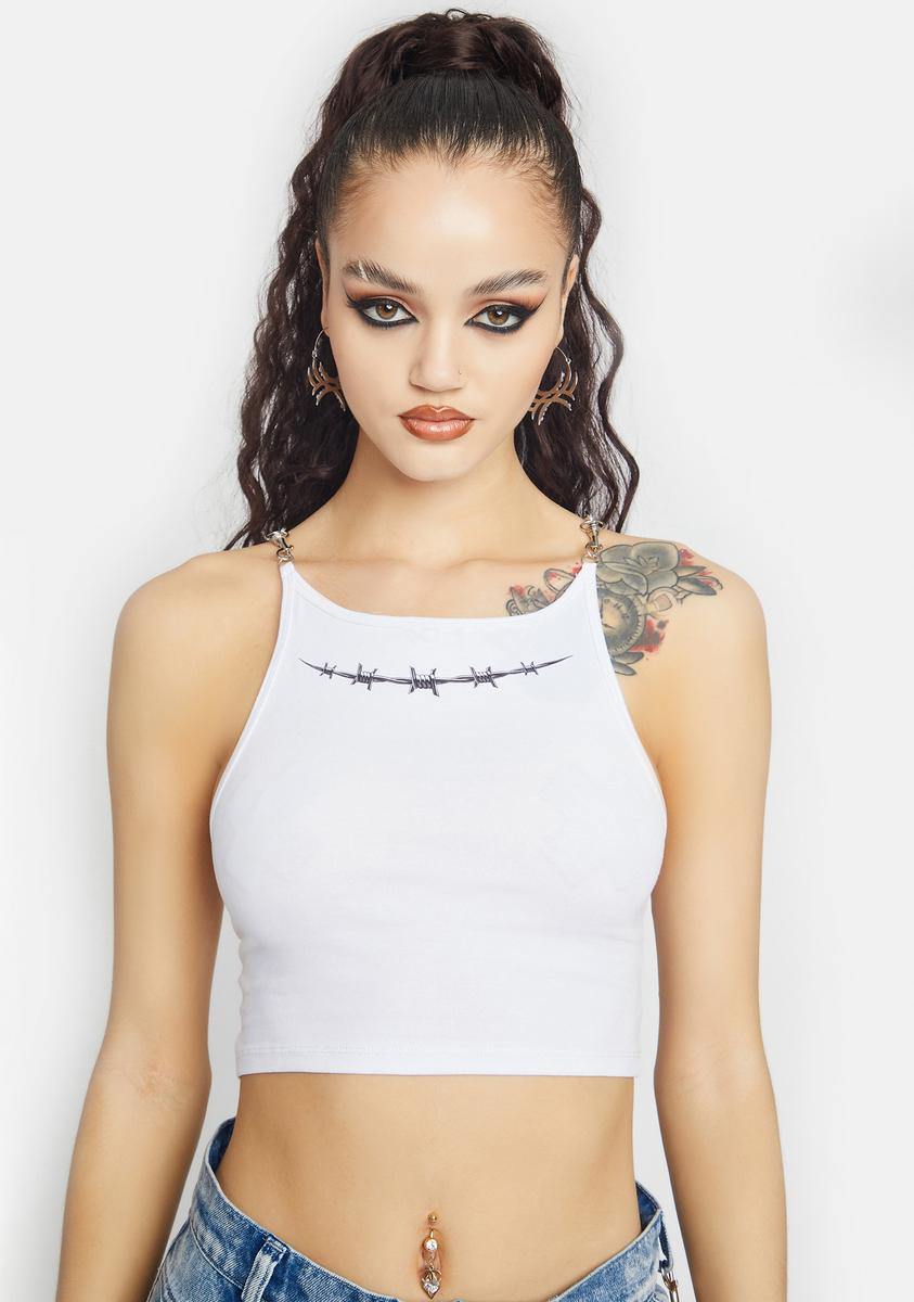 Poster Grl Barbed Wire Graphic Chain Crop Tank White – Dolls Kill