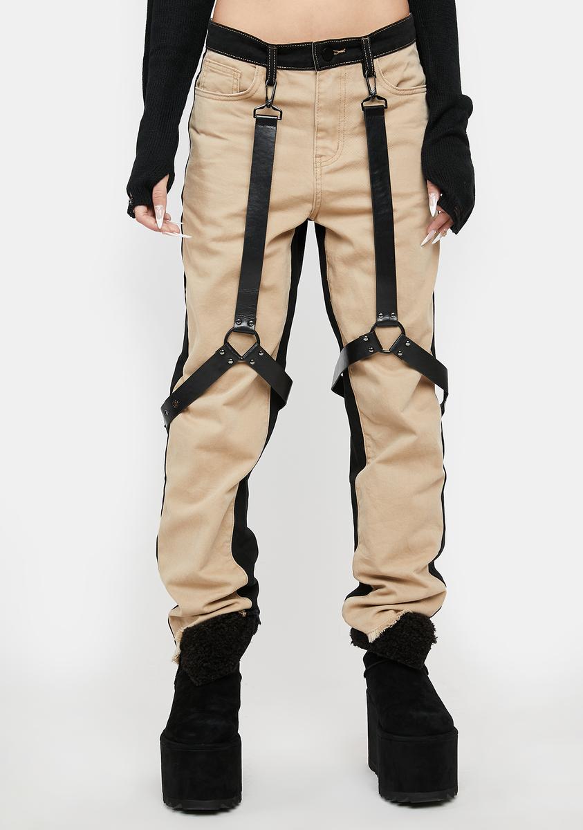 Darker Wavs Two Tone Denim Harness Jeans Brown/Black – Dolls Kill