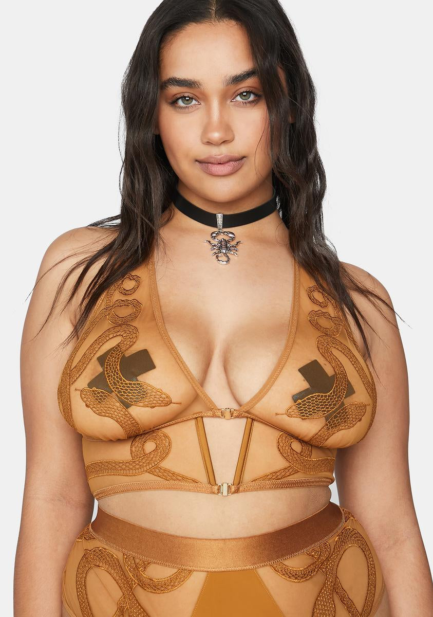 Plus Size Thistle and Spire Snake Embroidered Sheer Bra - Gold
