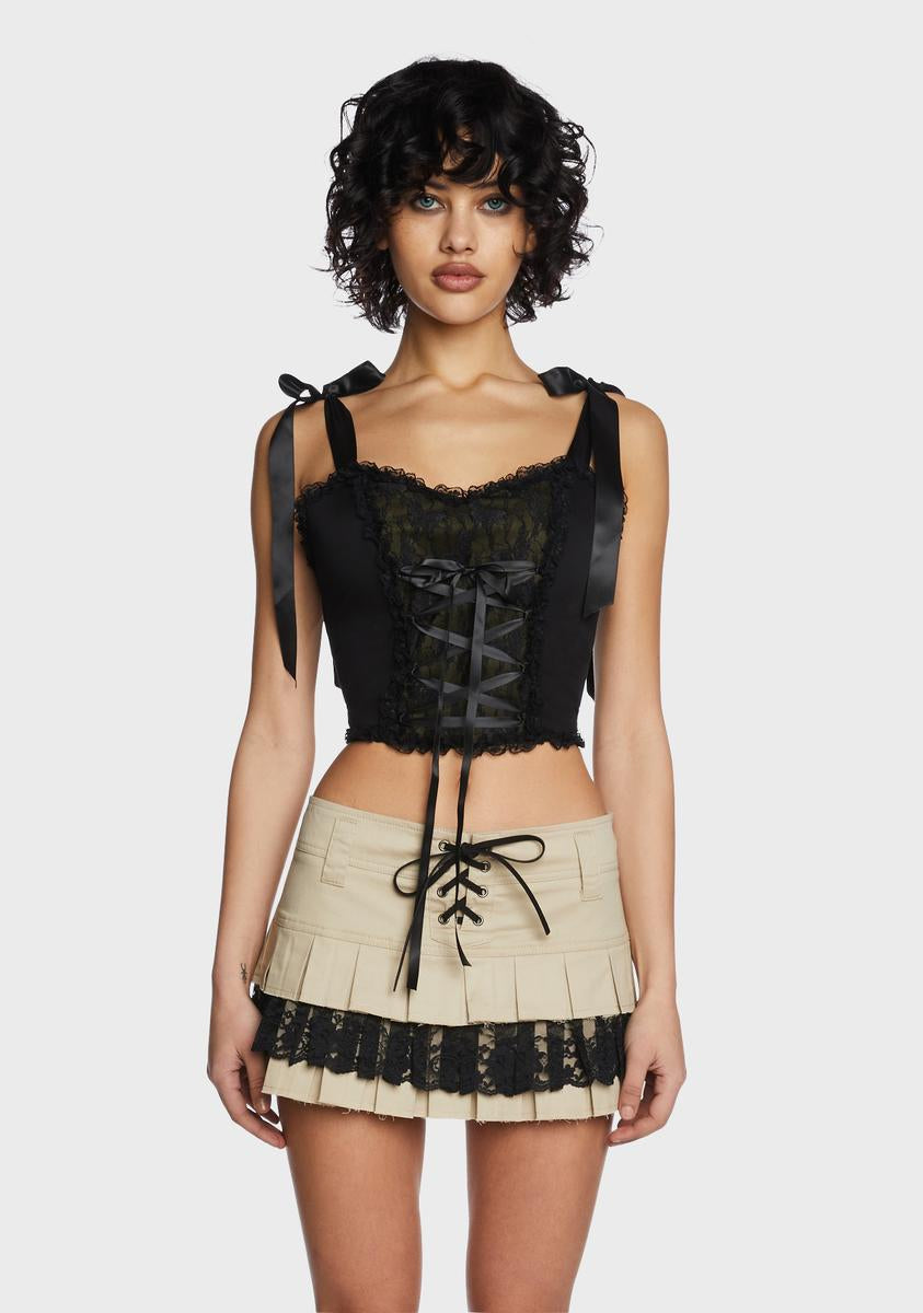 Current Mood Twill Lace Up Crop Corset Top - Black