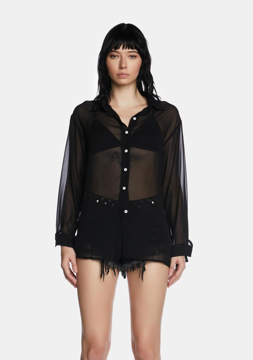 Sheer Mesh Button Up Blouse