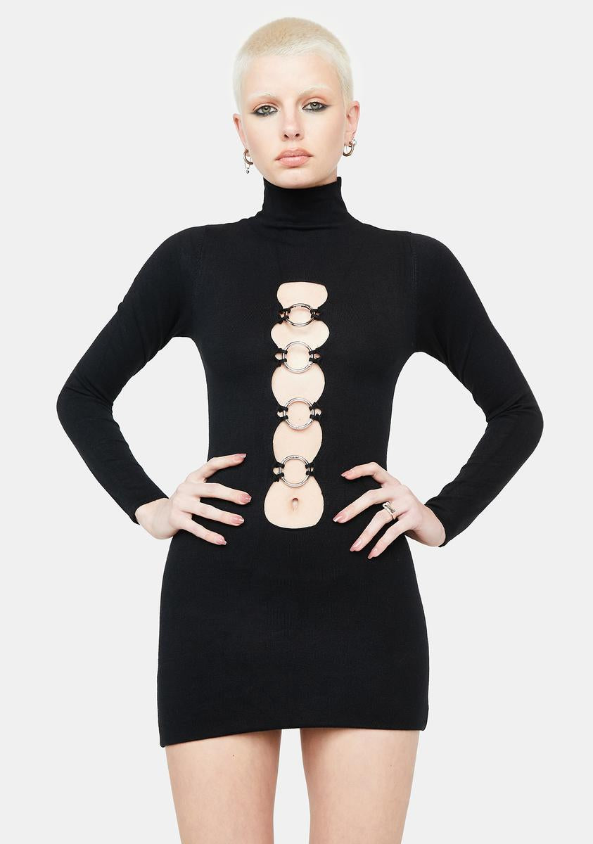 black cut out sweater dress Chic Black Cutout Sweater Dress Mock Neck Bodycon Mini by Sky To Moon