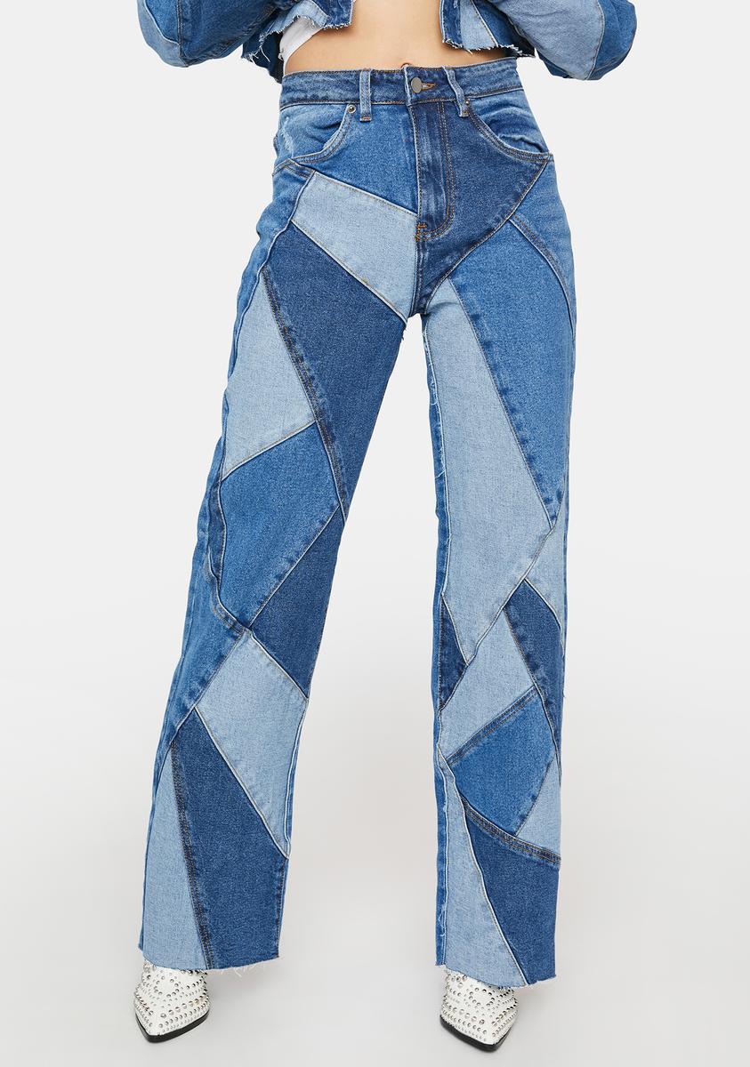 Patchwork Wide Leg Denim Jeans Blue – Dolls Kill - Main Image