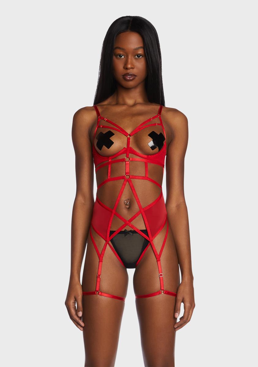 Wolf Whistle Strappy Cut Out Bodysuit Garter Red Dolls Kill